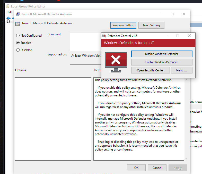 hklm software policies microsoft windows defender disableantispyware